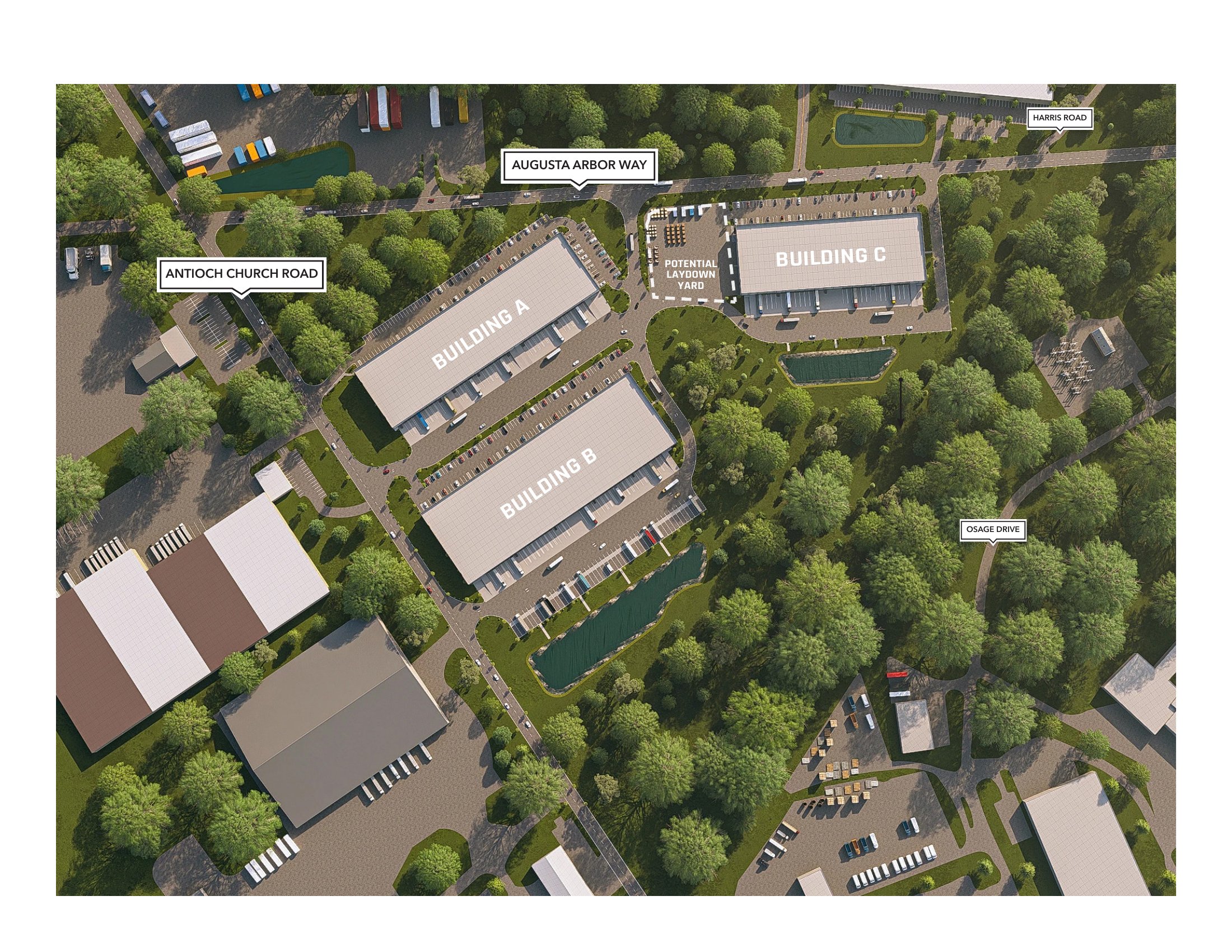 Augusta Arbor II aerial site plan showing Buildings A, B and C in Greenville, South Carolina