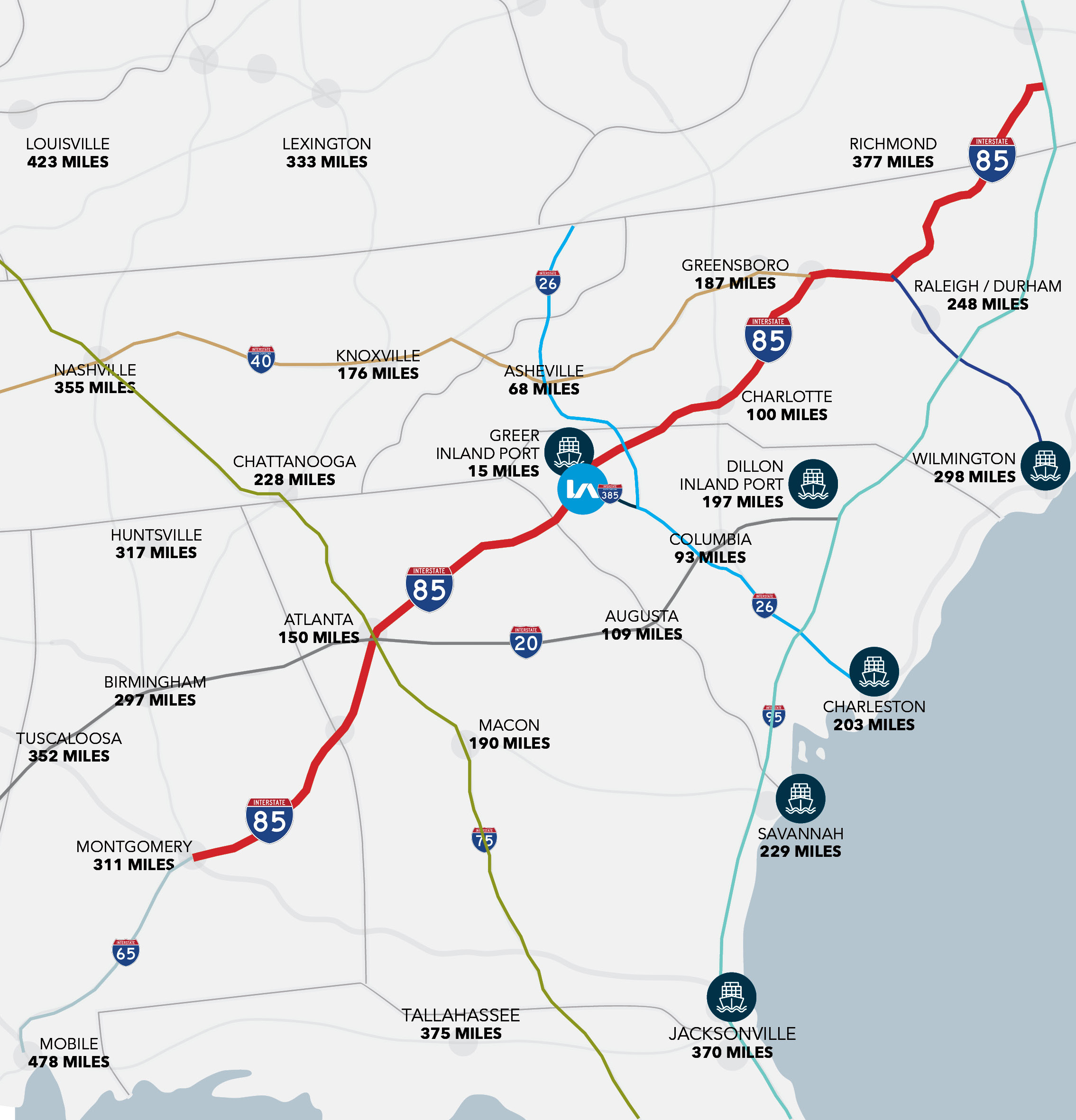 Regional connectivity map showing Augusta Arbor II location relative to major highways and cities in the Southeast