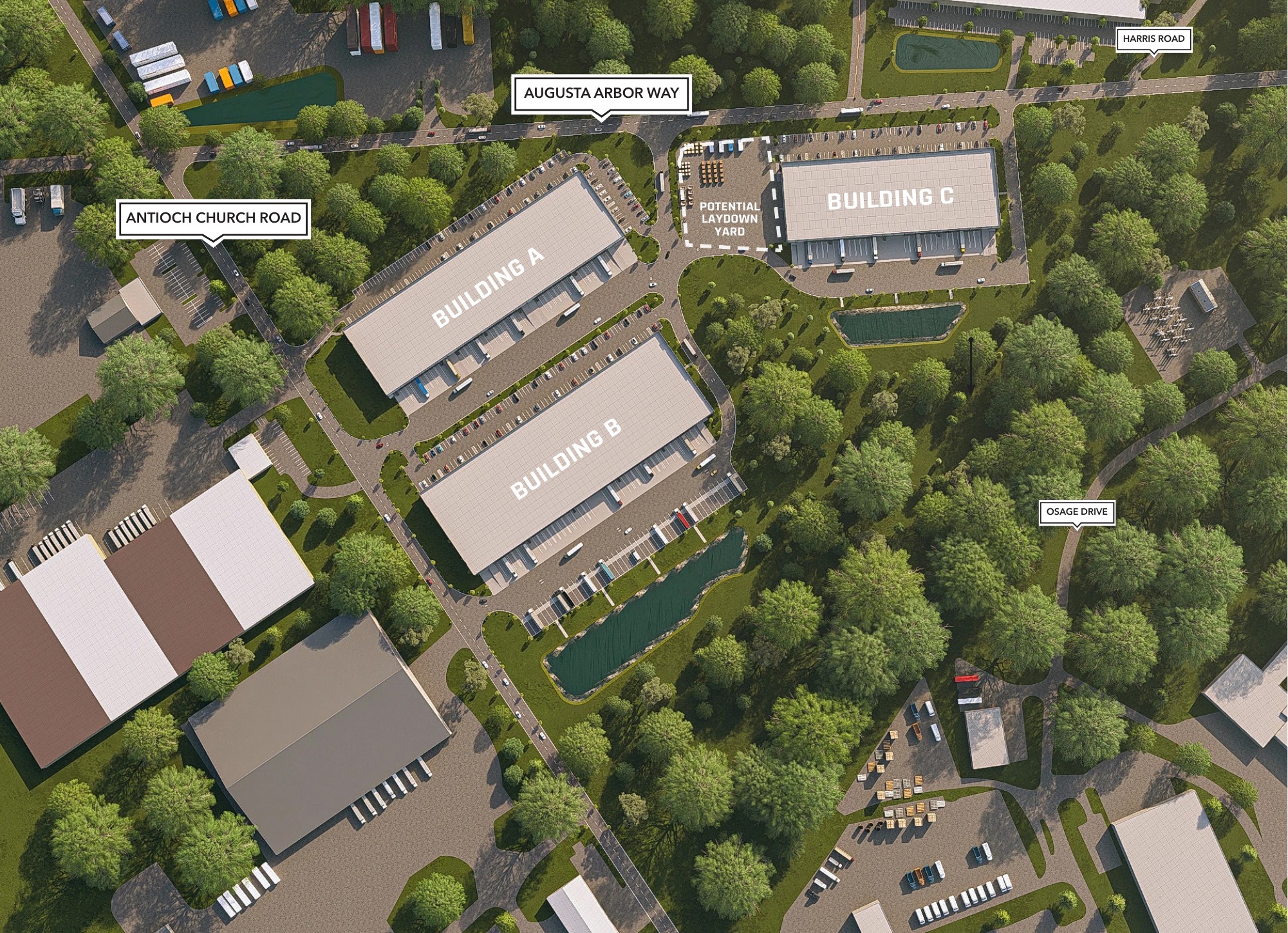 Augusta Arbor II aerial site plan showing Buildings A, B, and C