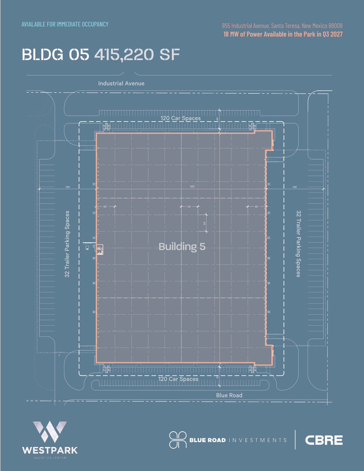 Westpark Logistics Center Building 5 floor plan showing cross-dock configuration, dock doors, and drive-in doors